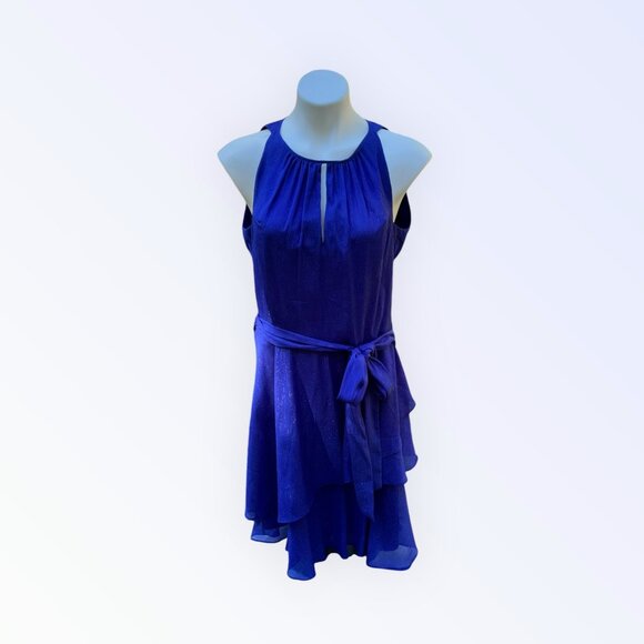 TAHARI Sparkling Blue Belted Ruffle Dress Size 10 – Elegant Party Cocktail - Picture 9 of 10